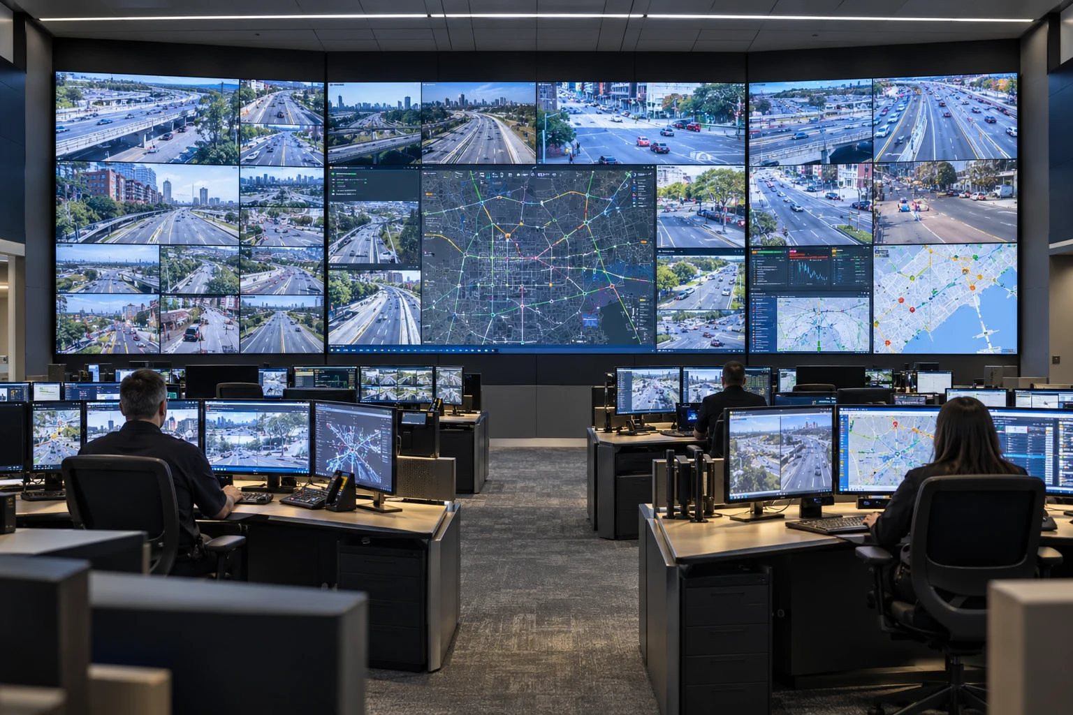 Modern real-time crime center with a video wall and operator workstations